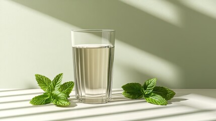 A cup of herbal tea sits beside fresh mint leaves, illuminated by bright sunlight, creating a serene and healthy atmosphere with vibrant green plants in the background