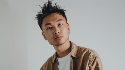 Wall Mural - Close-up Portrait of a Young Man with Spiky Hair and a Brown Shirt