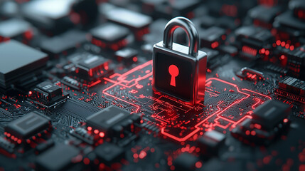 Poster - complex data stream flows through series of secure circuits, symbolized by metallic padlock. This represents cybersecurity and data protection in digital landscape