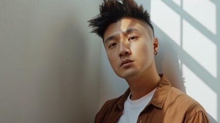 Wall Mural - Close-up Portrait of a Young Man with Spiky Hair, Wearing a Brown Shirt and White Undershirt