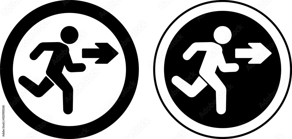 Exit Signs. Black and White Vector Icons. Warning Sign. Man Running ...