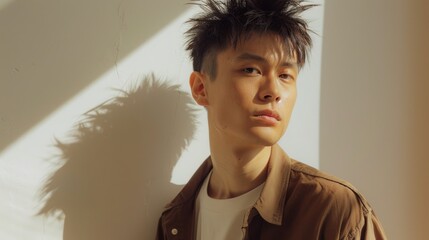 Canvas Print - Young Man with Spiky Hair in Brown Jacket Facing Sunlight