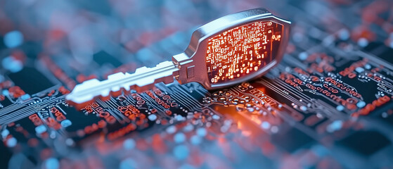 Aufkleber - detailed glowing data key is being inserted into circuit board, symbolizing technology and security. vibrant colors and intricate patterns evoke sense of innovation and modernity