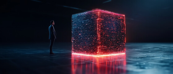 Aufkleber - person stands in awe before glowing digital safe, filled with encrypted files, symbolizing intersection of technology and security. vibrant colors create captivating atmosphere