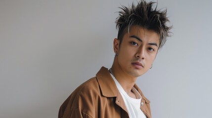 Wall Mural - Portrait of a Young Man with Spiky Hair and Brown Jacket