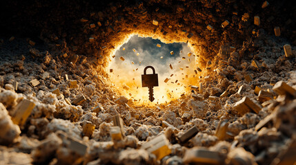Poster - giant keyhole reveals glowing light amidst vast matrix of digital elements, symbolizing discovery and potential. scene evokes sense of mystery and excitement