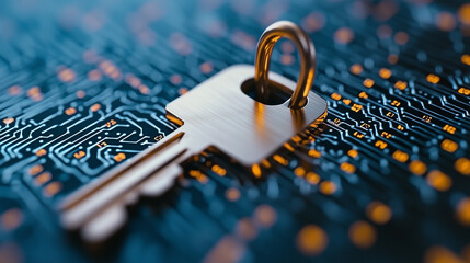 Poster - giant keyhole sits at center of vast matrix of digital circuits, symbolizing security and technology. intricate design highlights connection between physical and digital realms
