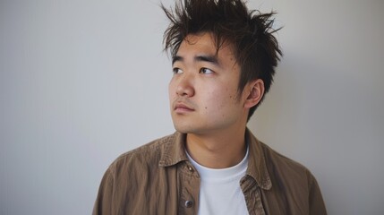 Canvas Print - Portrait of a young man with messy hair, wearing a brown jacket and a white t-shirt