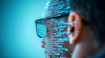 Aufkleber - human figure wearing glasses is seen in front of digital mirror, with binary code reflecting on their face, creating futuristic and tech savvy atmosphere