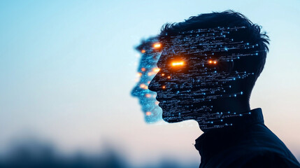 Poster - image depicts human silhouette with digital overlay, symbolizing intersection of technology and identity. This representation evokes sense of innovation and future of human interaction