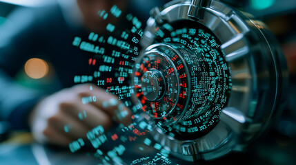 Poster - locked digital vault with binary code spilling out creates sense of intrigue and security. intricate design of vault highlights importance of data protection in digital age