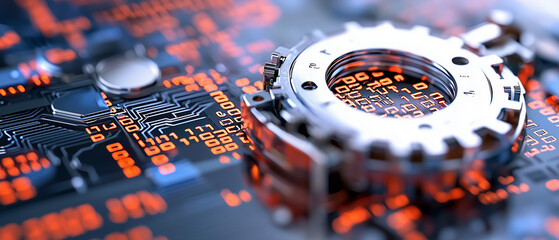 Aufkleber - close up view of digital vault mechanism surrounded by intricate circuit patterns and glowing binary code, symbolizing advanced technology and security
