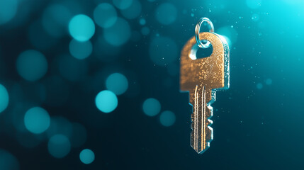 Poster - massive digital key floating above sea of shimmering blue bokeh lights creates captivating visual. This symbolizes security and access in digital world