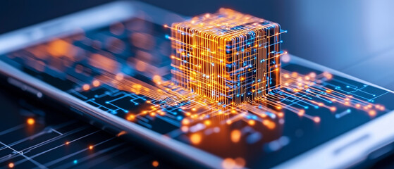 Aufkleber - mobile phone displaying digital circuit design with glowing cube, symbolizing technology and innovation. vibrant colors and intricate patterns evoke sense of advanced technology and connectivity