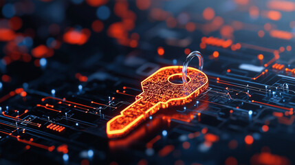 Aufkleber - massive digital key illuminated in vibrant orange floats above complex network of circuits, symbolizing security and technology. scene evokes sense of innovation and digital advancement