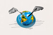 © deagreez - Composite photo collage of hands hold fork knife planet hunger destroy environment plate damage starvation isolated on painted background