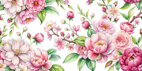  floral watercolor pattern, cherry blossoms, peonies, asymmetrical, spring, delicate, vibrant, botanical, artistic, elegant