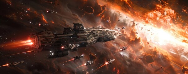 Wall Mural - dramatic interstellar warfare under the glow of a distant quasar, 4k hyperrealistic photo