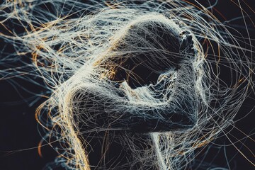 Wall Mural - a figure enmeshed in a web of intertwined lines