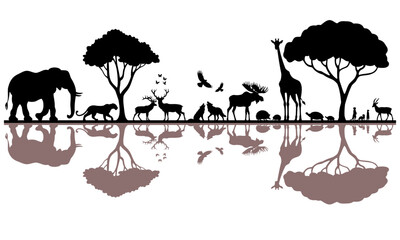 silhouettes of various animals in savannah african landscape scene seamless tropical background vect