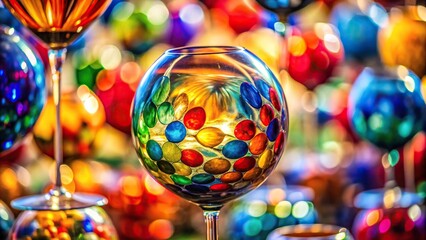 Forced perspective colorful glass decorations hanging from above