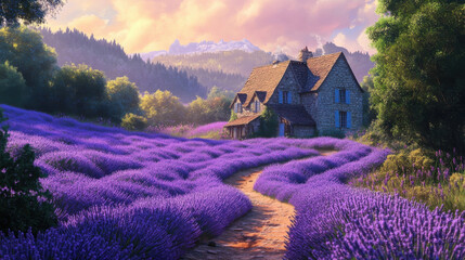 Wall Mural - serene lavender field surrounds charming house, creating peaceful atmosphere