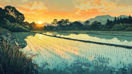 Wall Mural - serene rice field at sunset, reflecting vibrant colors in water