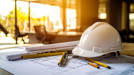 Construction worker's hard hat and blueprints at sunset with a skyline and building framework in the background