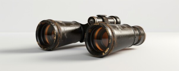 Pair of vintage binoculars, white background, 4K hyperrealistic photo