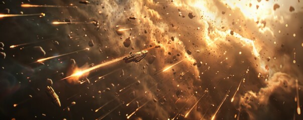 Wall Mural - epic confrontation of alien fleets amid shimmering cosmic dust clouds, 4k hyperrealistic photo