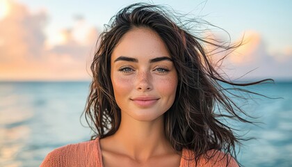 A young woman with flowing hair smiles warmly at the camera against a serene beach backdrop, capturing the essence of joy and tranquility in a beautiful sunset.