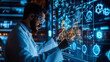 © Alina Tymofieieva - Scientist analyzing digital data on a futuristic interface in a lab during nighttime