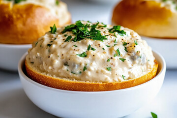 Poster - A Bowl Of Clam Chowder Served In A Bread Bowl, With Fresh Parsley Sprinkled On Top, Showcasing A Beloved Boston Dish