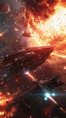 Wall Mural - intense space skirmish between futuristic starships near a blazing supernova, 4k hyperrealistic phot