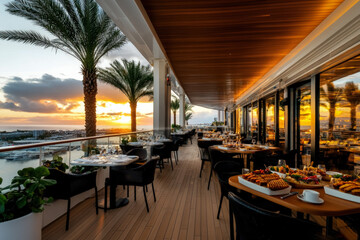 Wall Mural - A Casual Outdoor Dining Scene On A Cruise Ship With Guests Enjoying Freshly Grilled Food, Such As Burgers And Skewers, Surrounded By Palm Trees And A Stunning Sunset View.