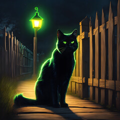 A black cat wearing a white ghost cloak, glowing green eyes and a grin stands on an old wooden fence. The light from a streetlamp casts a long shadow on the ground.