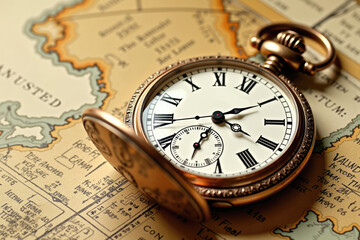 Vintage pocket watch telling time on top of antique map