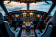 © magann - Empty cockpit of a passenger airplane flying above the clouds at sunset