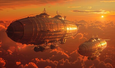 Sticker - Retro-futuristic dirigibles bustling with steam-powered engines, navigating a sunset-filled sky, 4K hyperrealistic photo