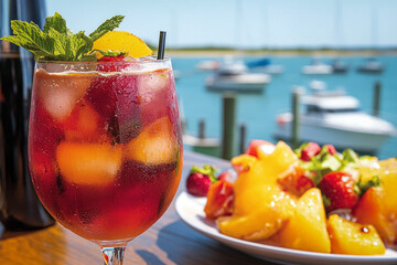 Canvas Print - An Outdoor Caf?? Scene By The Water, Showcasing People Enjoying Colorful Cocktails And Light Snacks, With A Backdrop Of Boats Floating In The Harbor.