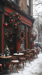 Sticker - bustling cafe during the Christmas season, with patrons enjoying hot cocoa, adorned with festive ornaments and a large Christmas wreath on the wall, great for a lively smartphone wallpaper