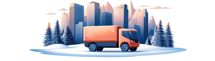 Orange delivery truck in snowy landscape with modern city skyline in background.