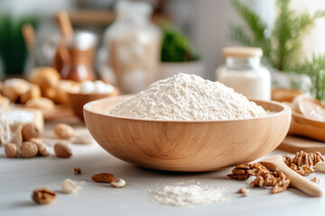 Poster - Close-Up Of A Digital Food Scale Showing Precise Measurements Of Flour In A Mixing Bowl, With Baking Ingredients Scattered Around, Emphasizing Accuracy In Cooking