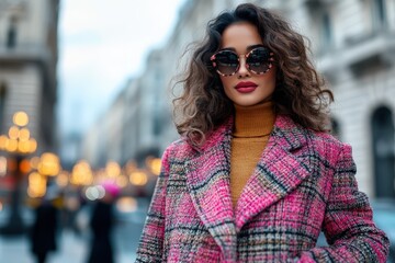 A trendy woman in a vibrant pink checkered coat stands confidently, exuding style and charm in a lively city environment with blurred bustling background.