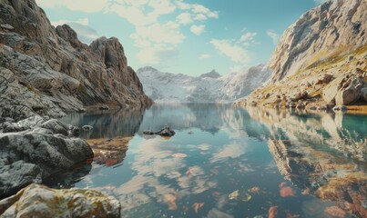 Wall Mural - Rocky cliffs reflecting in a crystal-clear mountain lake, tranquil scenery 4K hyperrealistic photo.