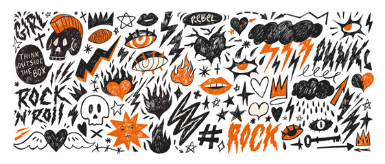 Poster - Punk and rock style crayon drawn shapes. Collection of charcoal graffiti doodle girly figures.