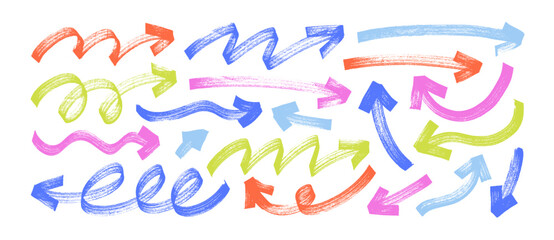 Poster - Bold brush drawn curved and wavy arrows. Multi colored doodle marker thick arrows in different directions.