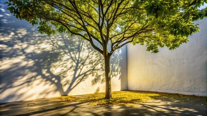 Fisheye view of tree shadows and leaves on white wall background