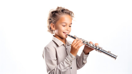 Teenage girl practicing the flute with sheet music in a bright setting