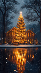 Wall Mural - modern house decorated for Christmas with sleek, minimalistic ornaments and a bright, glowing Christmas tree in the front yard, creating a stylish aesthetic for a smartphone wallpaper.